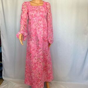 Vintage 60s Pink Floral Maxi Dress Sheer Chiffon Flower power psychedelic Women’